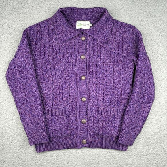Sweaters - Original Aran Co Fisherman Knit Cardigan Sweater Collared Women’s XS Purple Wool